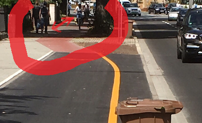 Zustand nach “protected bike lane”: Radfahrer und Fußgänger auf Konfrontationskurs…